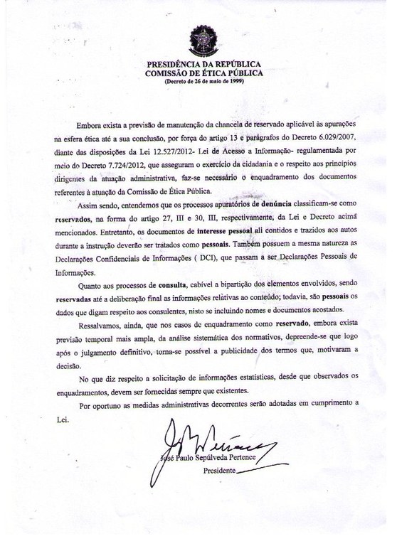 Classificação de Documentos - LAI - ministro Sepúlveda Pertence-2012